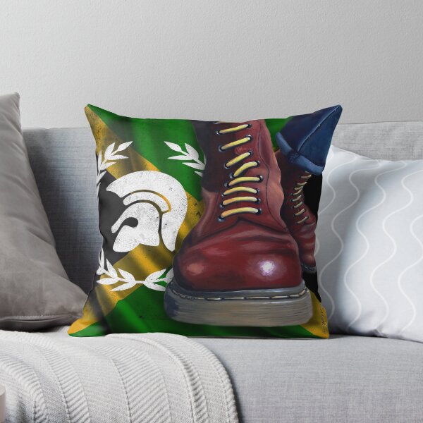 Cherry Red Doc Martens with trojan logo and jamaican flag Throw Pillow