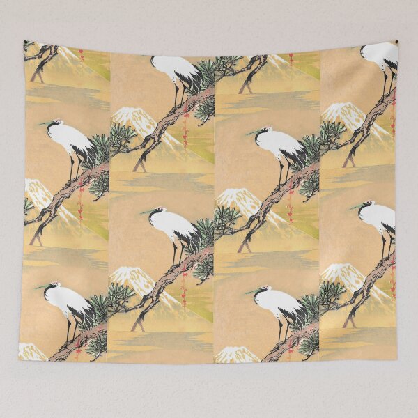 Item preview, Stork standing on a Pine Tree limb in sight of a Snow covered Mountain Peak designed and sold by neonwulf.