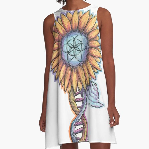 Seed of Life Sunflower - Psychedelic Watercolor Painting A-Line Dress