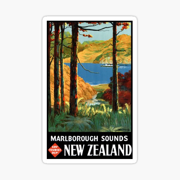 New Zealand Marlborough Sounds Vintage Poster Sticker
