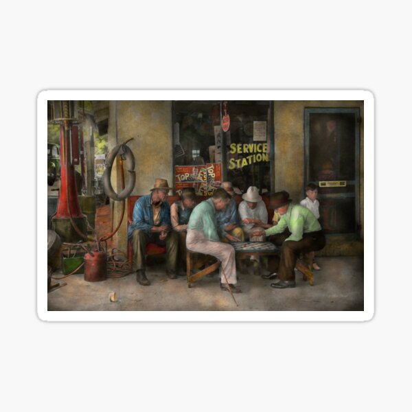 "Gas Station Playing checkers togther 1939" Sticker for Sale by