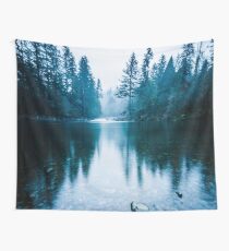 Forest Mountain Fog - Blue Lake Reflection Wall Tapestry