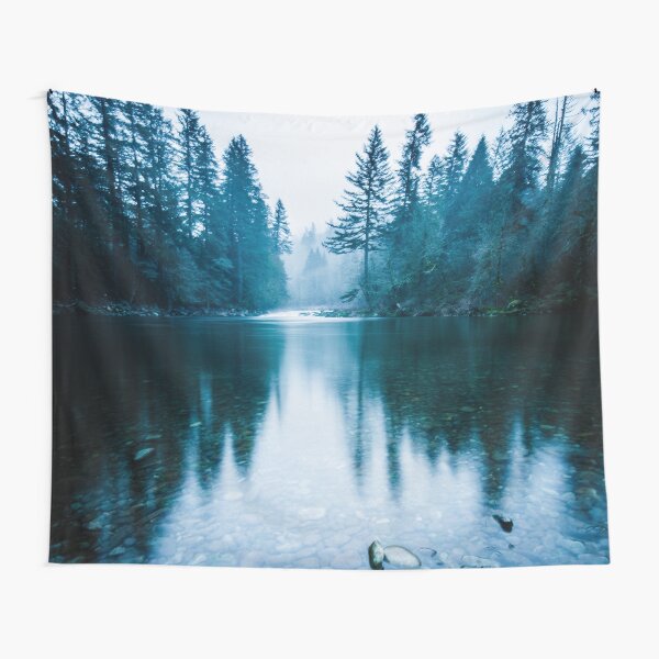 Forest Mountain Fog - Blue Lake Reflection Tapestry
