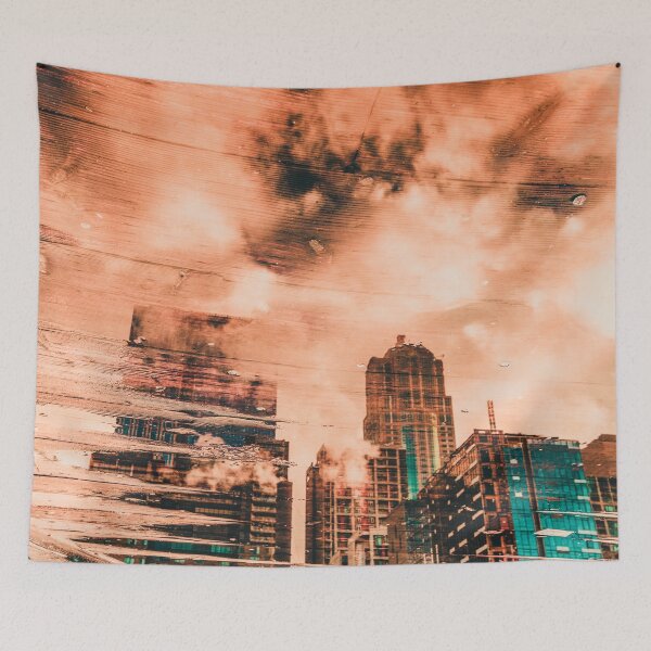 Item preview, City Architecture Seattle Pike Place Market Pier 57 Water Clouds Reflection Wall Tapestry Abstract City PNW Pacific Northwest Washington USA designed and sold by artcascadia.