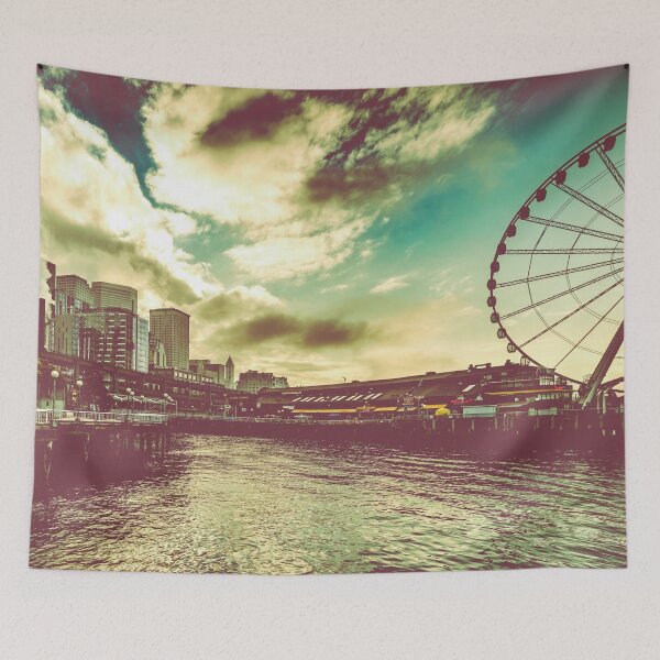 Item preview, City Architecture Seattle Pike Place Market Pier 57 Water Clouds Reflection Ferris Wheel designed and sold by artcascadia.