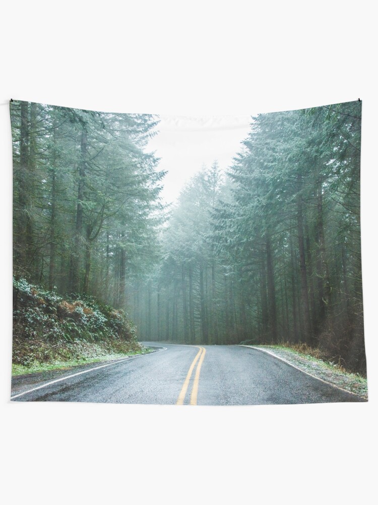Alternate view of Forest Road Trip - Foggy Day Fir Trees Pacific Northwest Adventure Tapestry