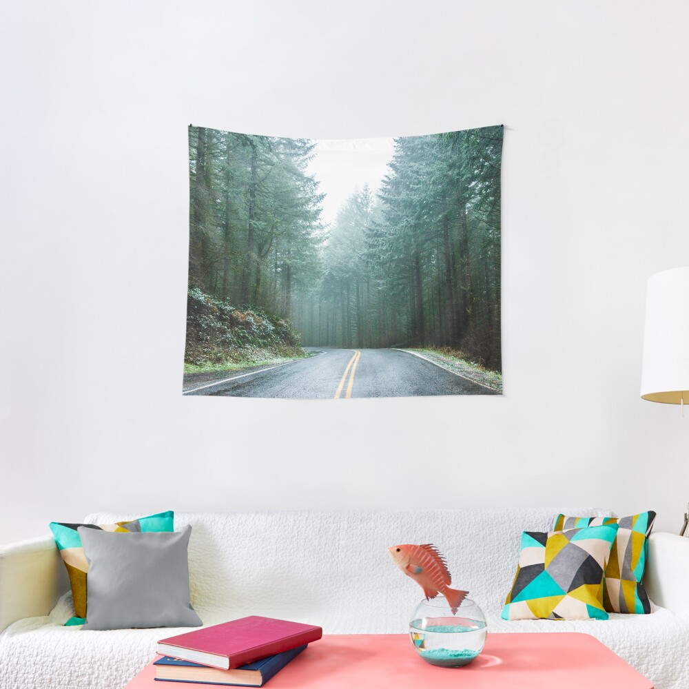 Forest Road Trip - Foggy Day Fir Trees Pacific Northwest Adventure Tapestry