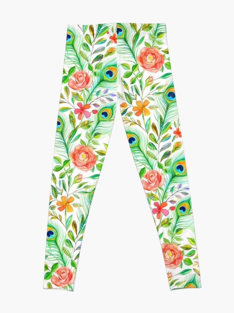 Alternate view of Peacock Feather Posies on white Leggings