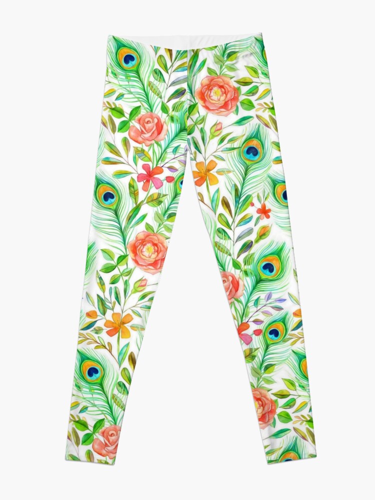 Alternate view of Peacock Feather Posies on white Leggings