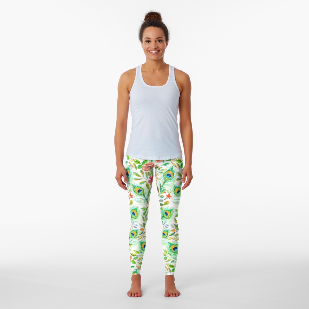 Peacock Feather Posies on white Leggings