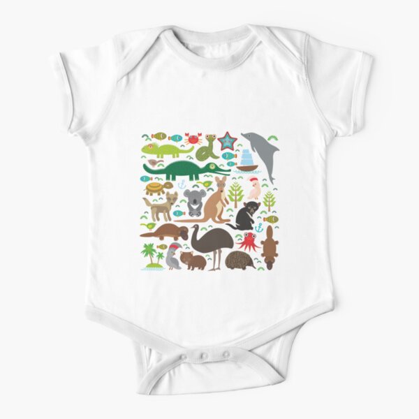 Australia: koala, snake, turtle, crocodile, alliagtor, kangaroo, dingo Short Sleeve Baby One-Piece