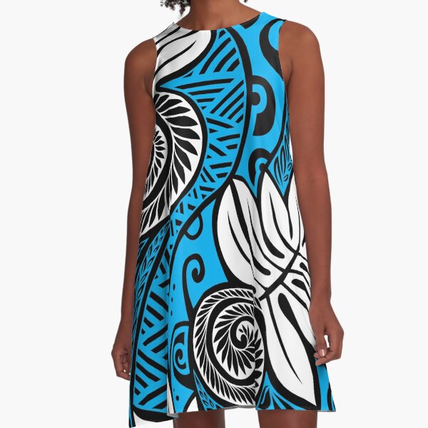 Hawaiian ulu breadfruit blue white black design A-Line Dress