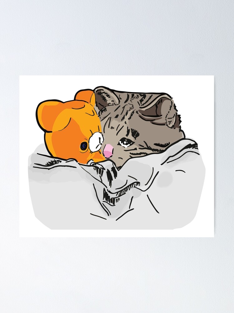 Poster Sad Chaton Chat Lit De Pleurer Avec Teddy Meme Par Alltheprints Redbubble