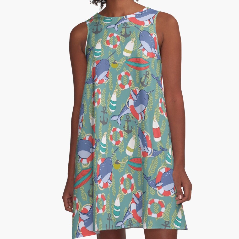 Nautical Narwhals with Anchors, Kelp and Buoys A-Line Dress