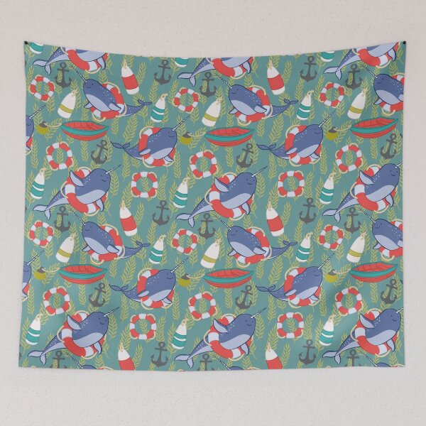 Item preview, Nautical Narwhal Pattern with Anchors, Kelp and Buoys designed and sold by carabara.