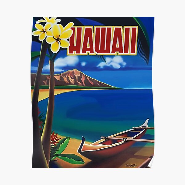 Hawaii, romantic beach, lonely boat, vintage travel poster Poster