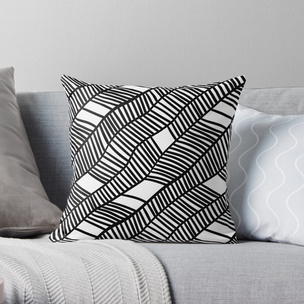 Wavy black and white leaves Throw Pillow