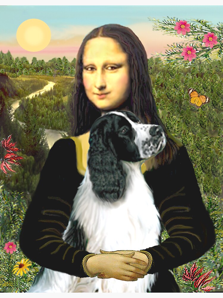 Mona Lisa and her English Springer Spaniel (black-white) by JeanBFitzgerald
