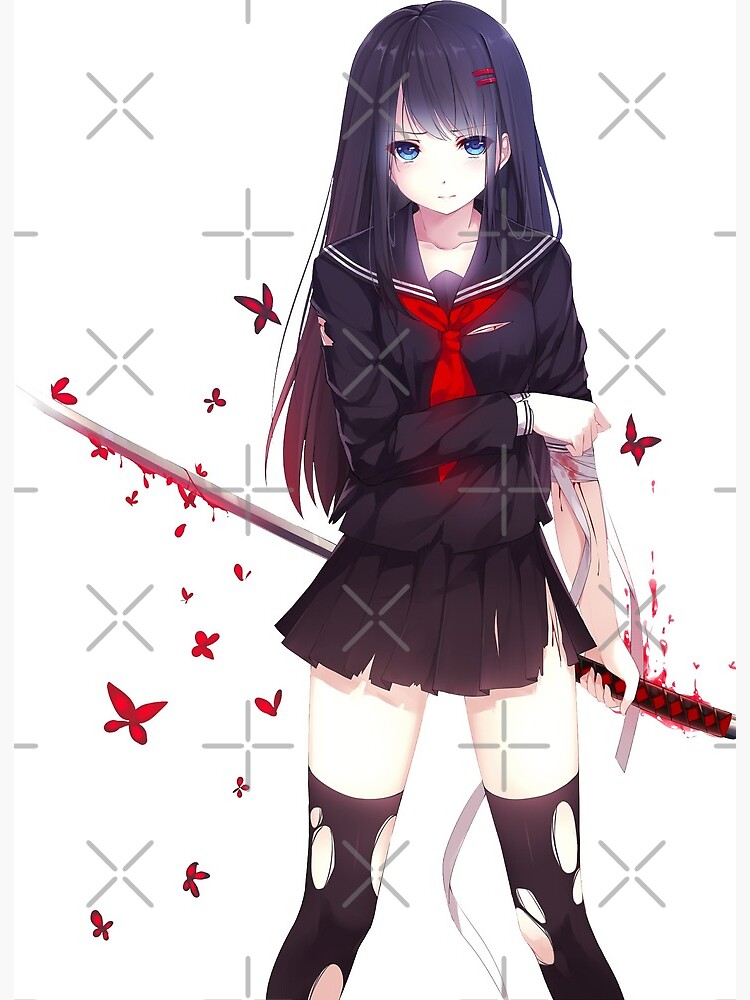 Black-haired female anime character sitting beside sword