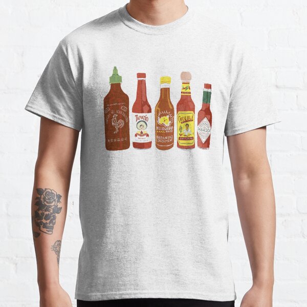 Spicy! Check out these hot sauces on tomato red background Classic T-Shirt