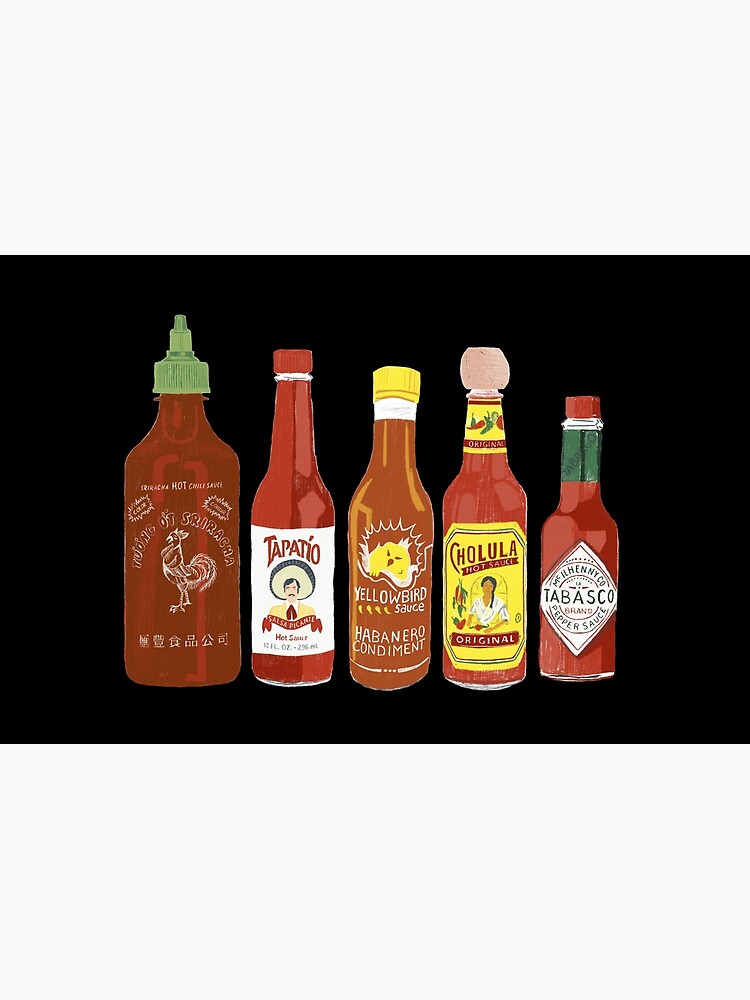 Spicy! Check out these hot sauces on black background by shoshannahscrib