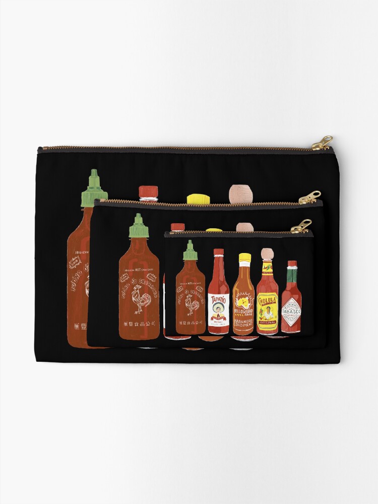 Alternate view of Spicy! Check out these hot sauces on black background Zipper Pouch