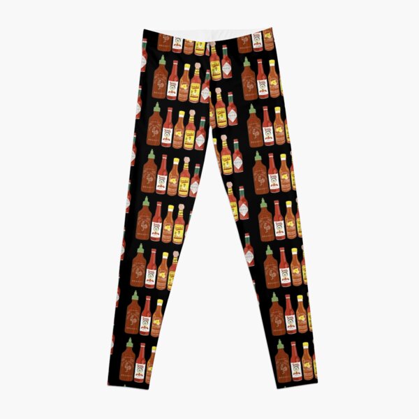 Spicy! Check out these hot sauces on black background Leggings
