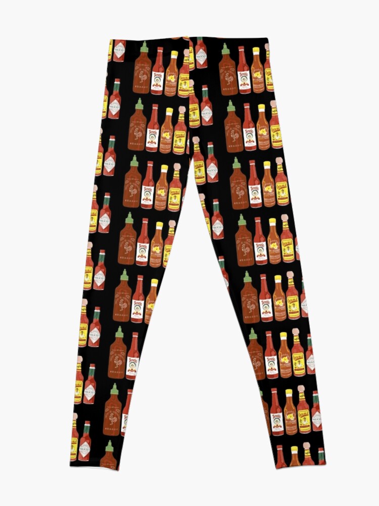 Alternate view of Spicy! Check out these hot sauces on black background Leggings