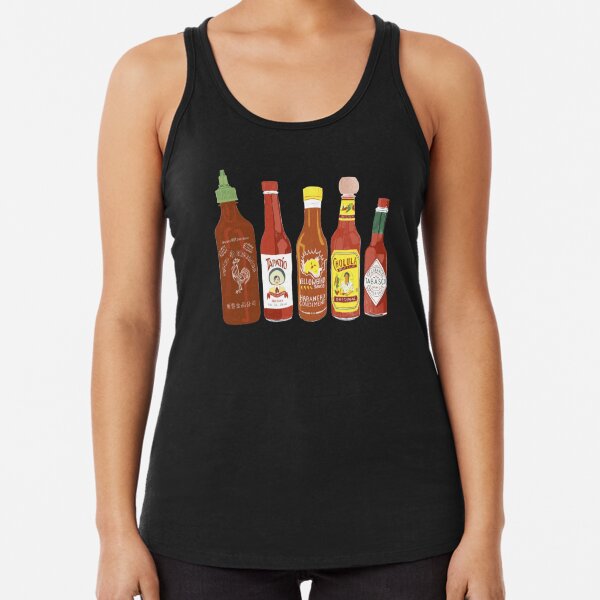Spicy! Check out these hot sauces on black background Racerback Tank Top
