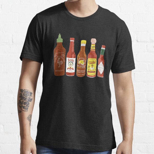 "Spicy! Check out these hot sauces on black background" Tshirt for Sale by shoshannahscrib