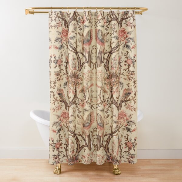 BIRDS, LEAVES AND FLOWERS Pink Red Brown Floral Shower Curtain