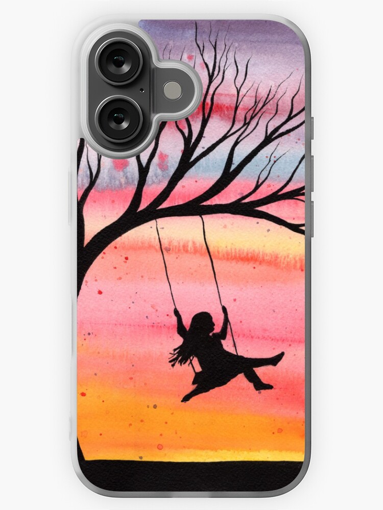Sunset Joy - Watercolor silhouette of girl on swing 
