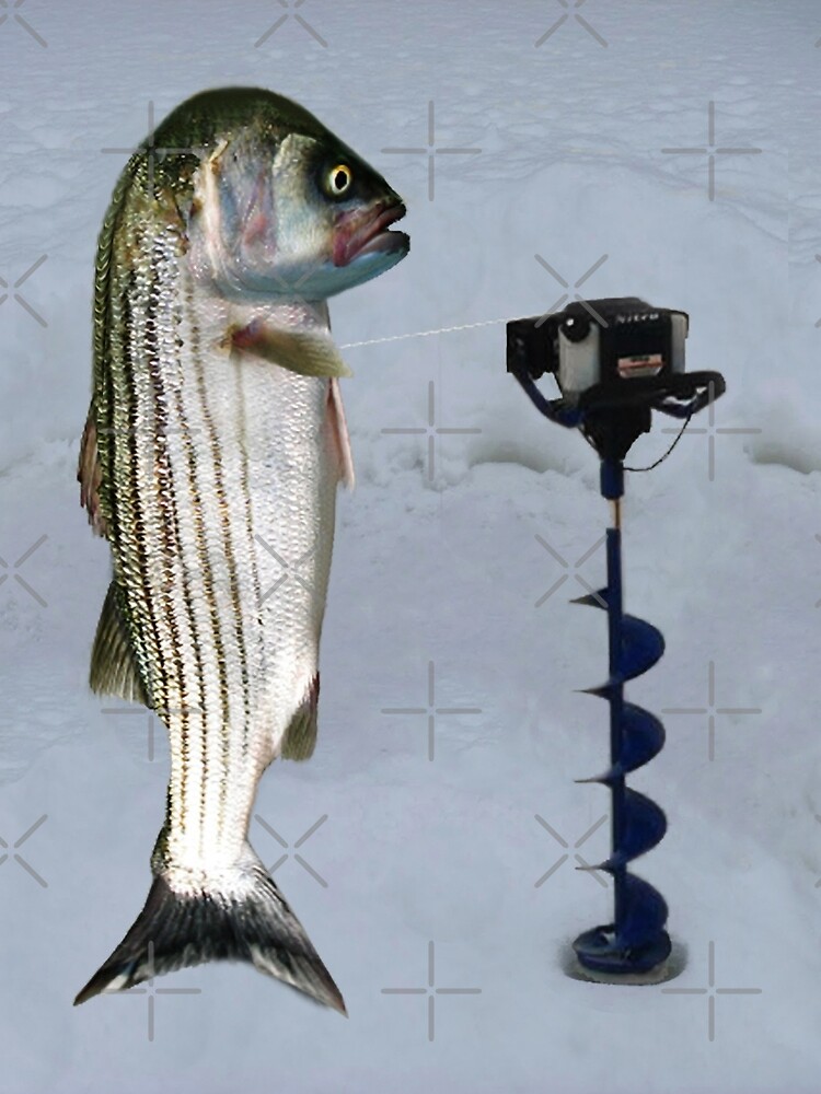 JUST AN AUGER ICE FISHING DAY..STRIPED BASS USING ICE  AUGER..PICTURE-PILLOW-TOTE BAG ECT | Drawstring Bag