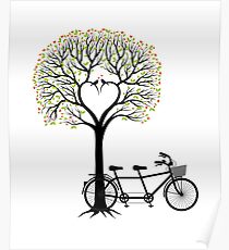 Póster Árbol de la boda del corazón con pájaros y bicicleta tándem
