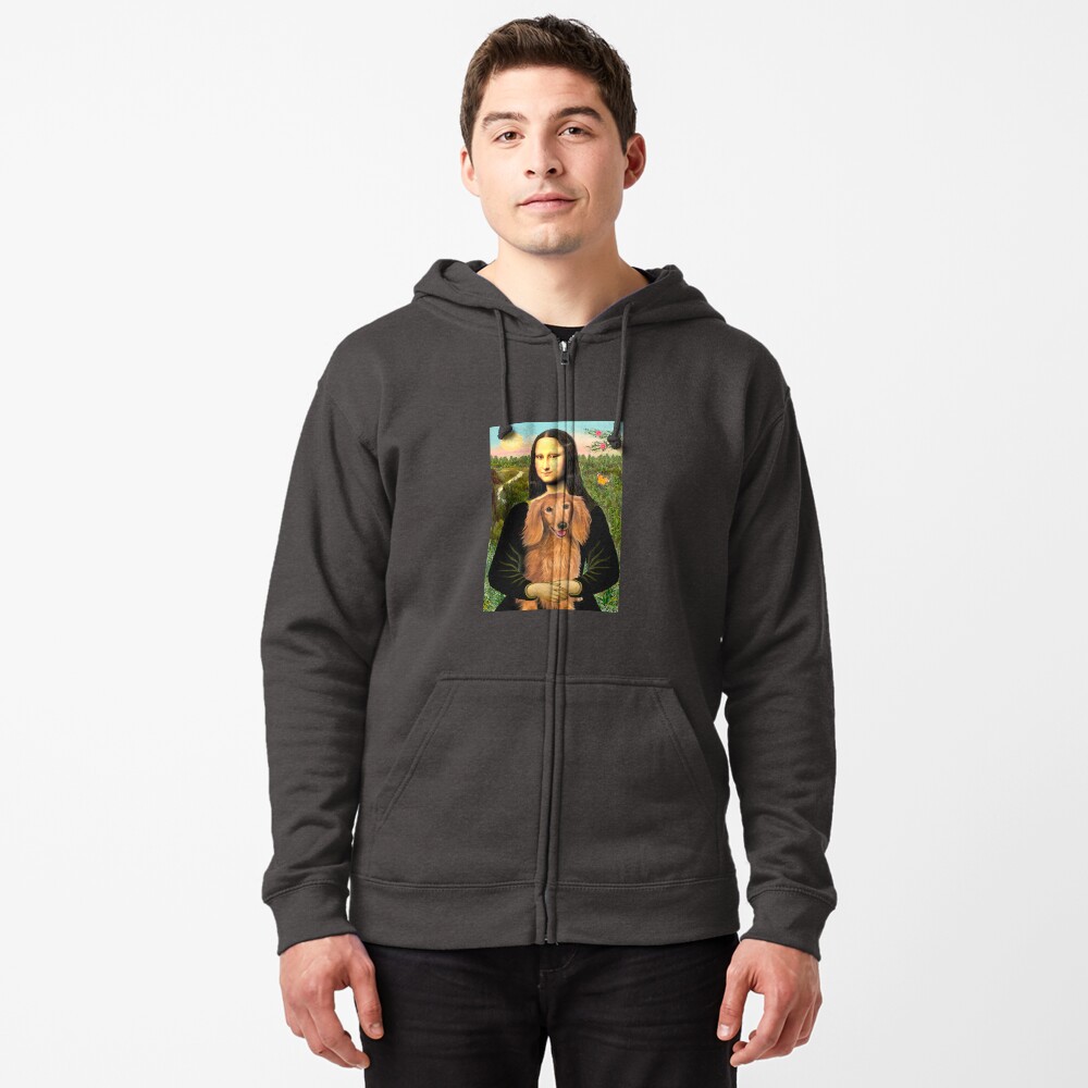 Mona Lisa and her Long Haired Dachshund (sable) Zipped Hoodie