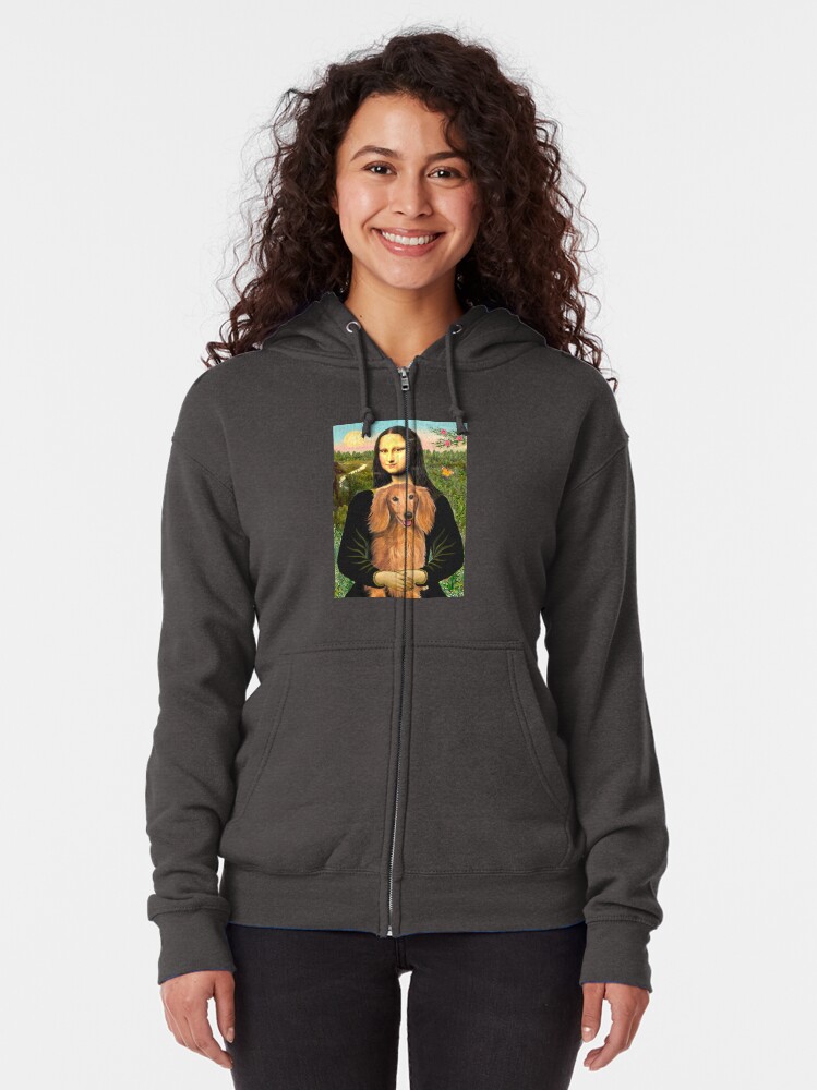 Alternate view of Mona Lisa and her Long Haired Dachshund (sable) Zipped Hoodie