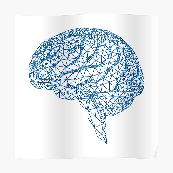 blue human brain with geometric mesh pattern Poster