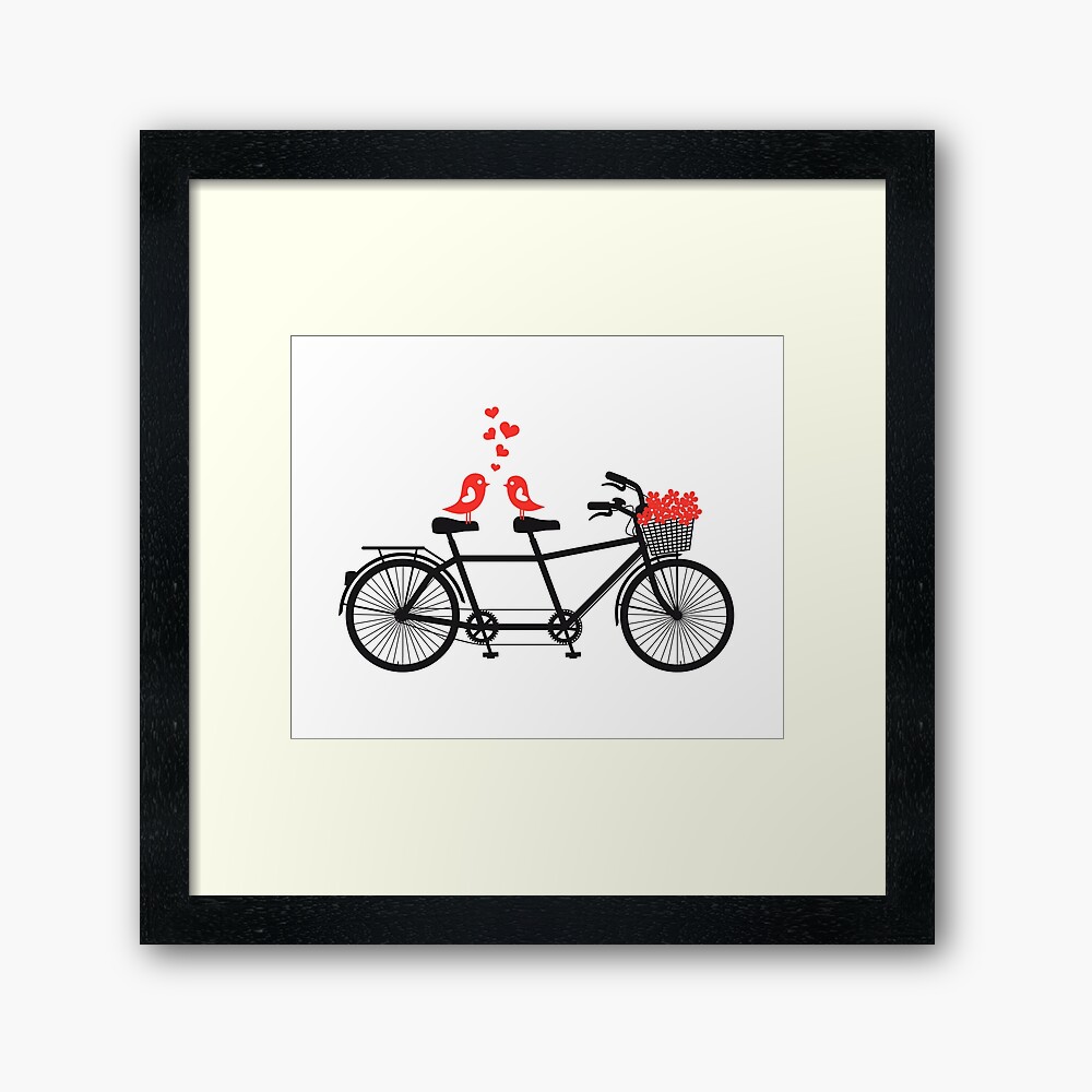 tandem bicycle with cute love birds Framed Art Print