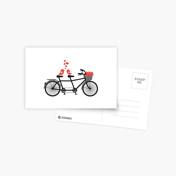 tandem bicycle with cute love birds Postcard
