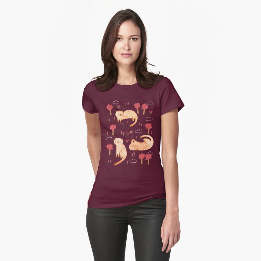 Orange Cat Pattern Fitted T-Shirt