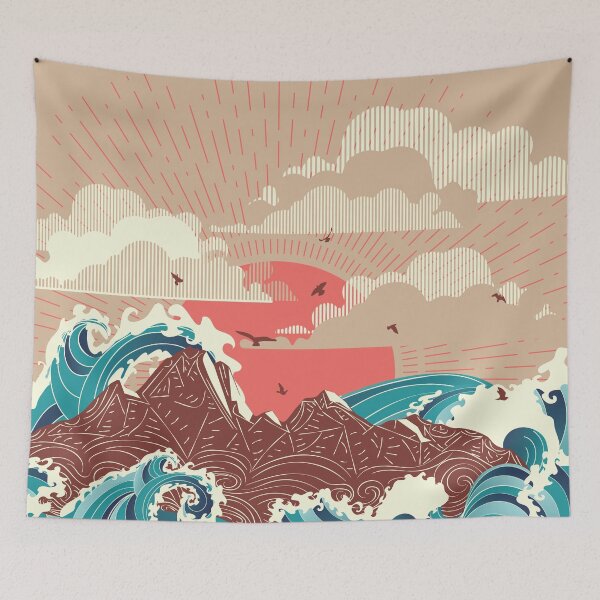 Item preview, Big sea waves and island at sunset designed and sold by AnnArtshock.