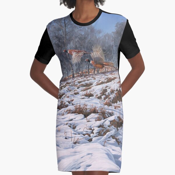 "Flushed Pheasants" - Ring-necked pheasants in flight Graphic T-Shirt Dress