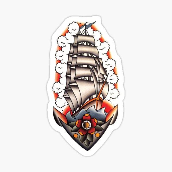 Traditional Ship with Anchor Tattoo Design Sticker