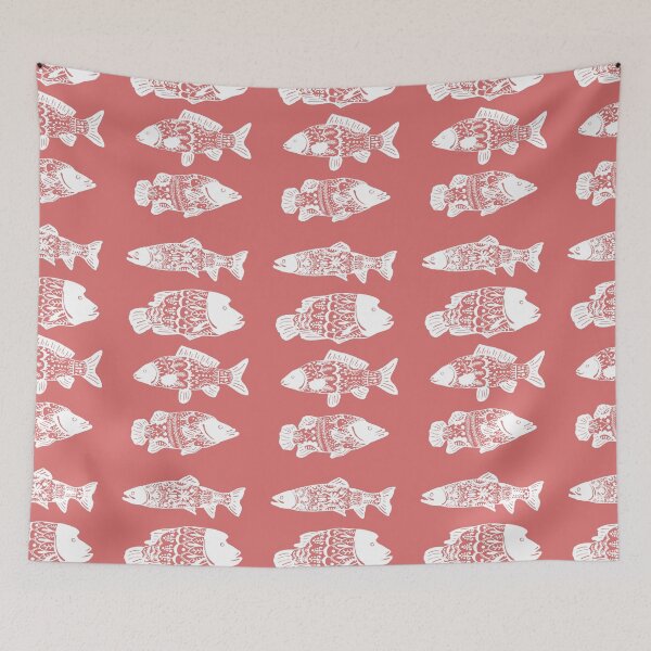 Item preview, White Floral Patterned Fish & Coral Pink designed and sold by GrudaDesigns.