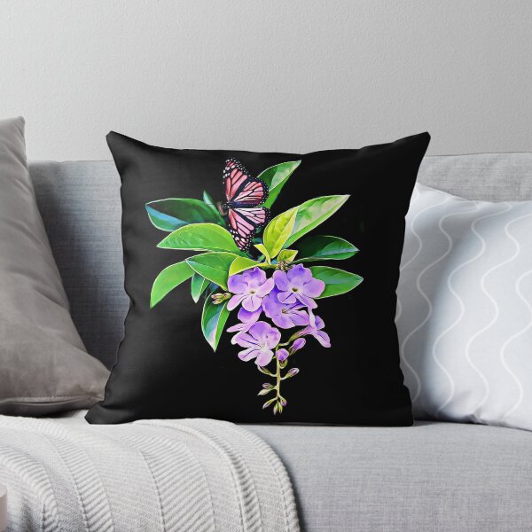 Purple, Flowers, Green Leaves, Colorful, Butterfly, Pattern Design Throw Pillow