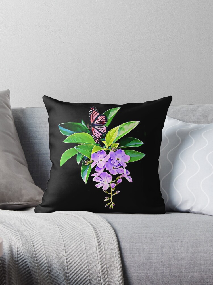 Thumbnail 1 of 3, Throw Pillow, Purple, Flowers, Green Leaves, Colorful, Butterfly, Pattern Design designed and sold by BDMcT.