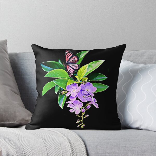 Purple, Flowers, Green Leaves, Colorful, Butterfly, Pattern Design Throw Pillow