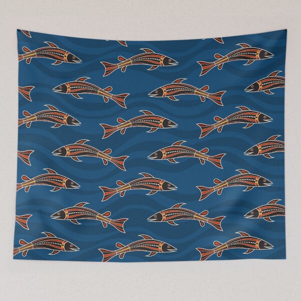 Item preview, Australian art. Aboriginal painting style. Pattern of fishes with abstract waves on background.  designed and sold by IndigoCat.