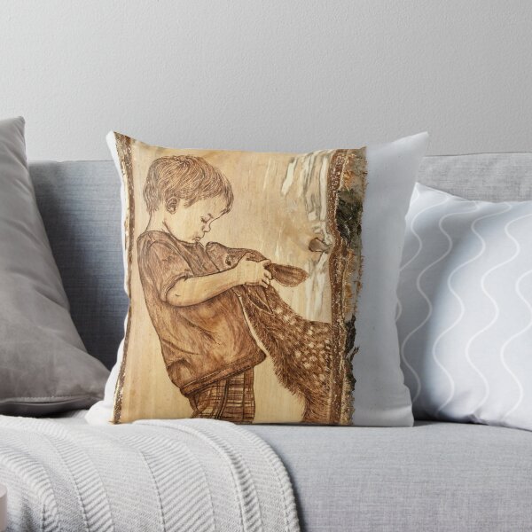 Little boy and fawn Throw Pillow