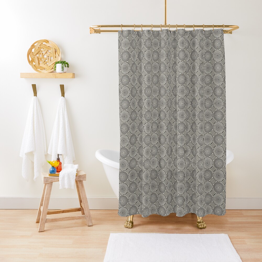 "Geometric Pattern Circle Strobe Cream/Black" Shower Curtain for Sale